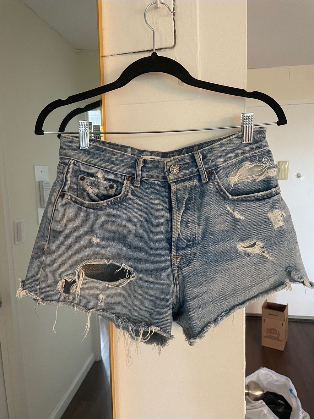 GRLFRND Distressed Cutoff Denim Shorts in Light Blue